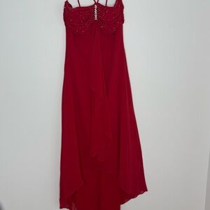 Chic Red High Low Dress with Embellished Bodice